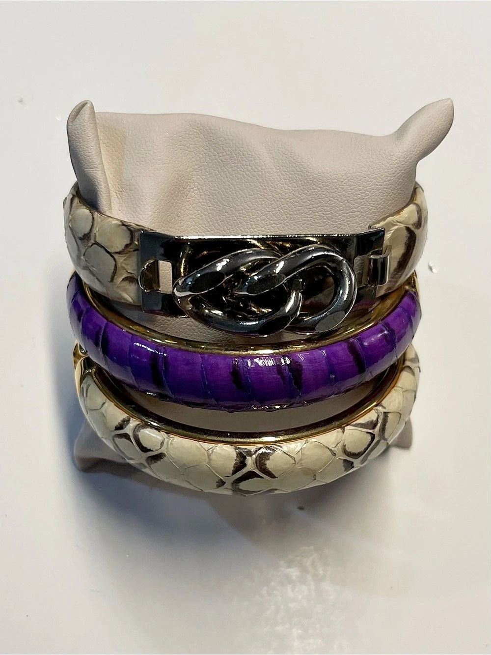 White & Purple Snake Print Leather Bracelet Set
